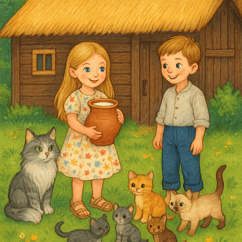 Катя несёт молоко для кошки с котятами возле амбара, Вася смотрит на них.