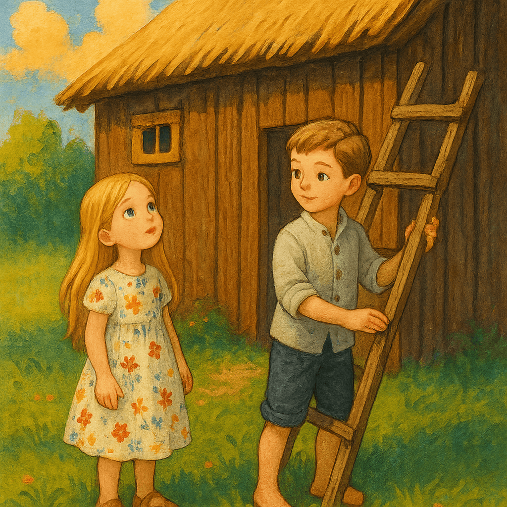 Вася забирается по лестнице в амбар, Катя стоит внизу и смотрит.