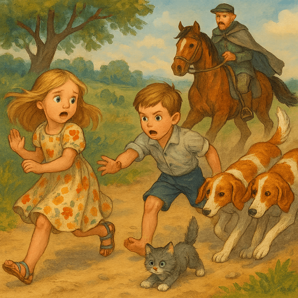 Котёнок прижался на дороге, Катя в испуге убегает, Вася бежит спасать, впереди собаки и охотник на лошади.