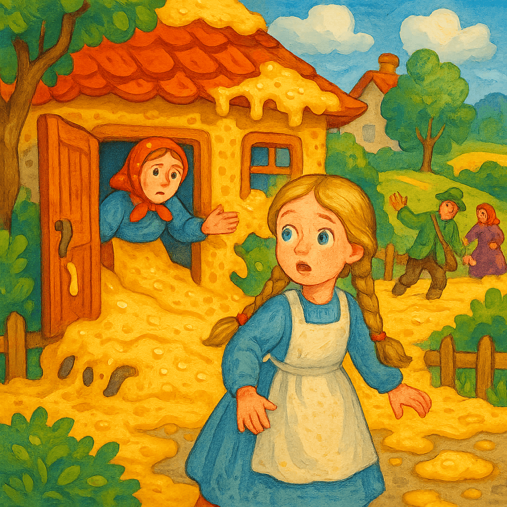 Девочка возвращается домой и останавливает волшебный горшочек с кашей