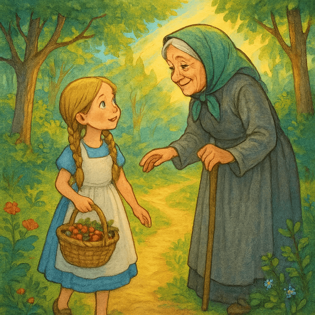 Девочка встречает в лесу добрую старушку