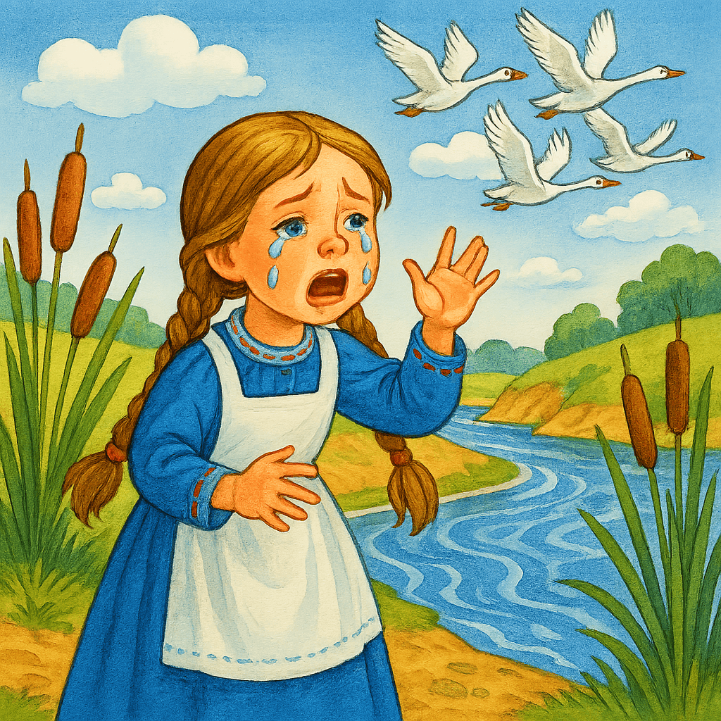 Девочка плачет у реки, гуси-лебеди летят вдали