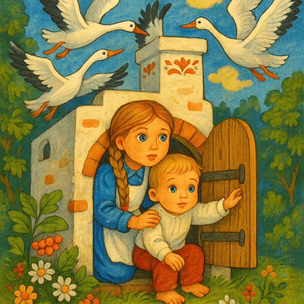 Дети прячутся в печке, а гуси-лебеди кружат вокруг