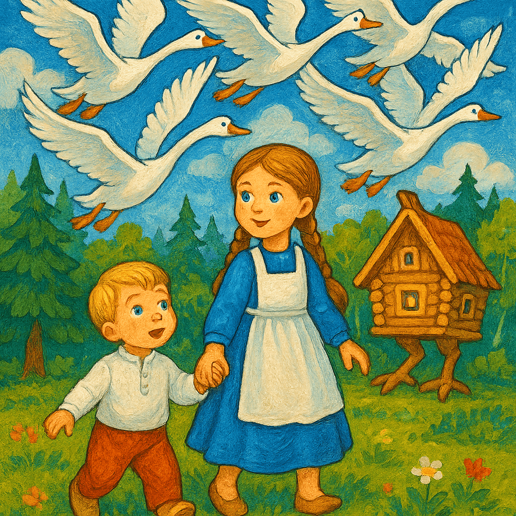 Девочка с братцем и летящие гуси-лебеди на фоне волшебного леса и избушки
