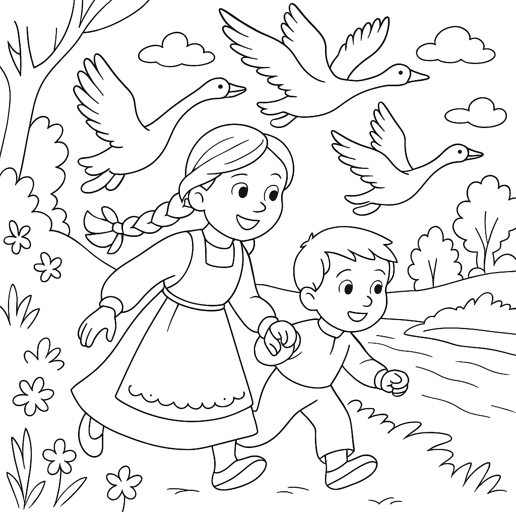 Раскраска по сказке "Гуси-лебеди"