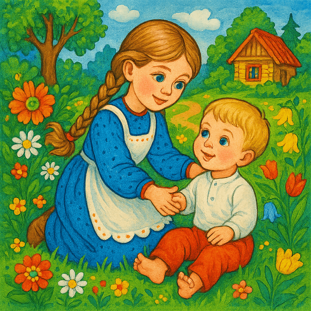 Девочка сажает братца на травку играть в саду