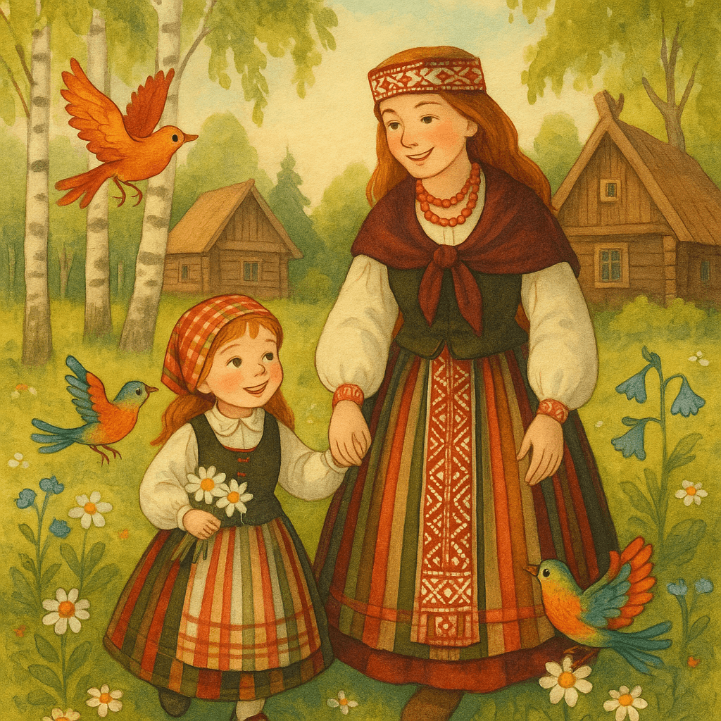 Девочка и мама в традиционных литовских костюмах на лесной поляне, рядом сказочные птицы и деревянные домики, прибалтийский сказочный стиль.
