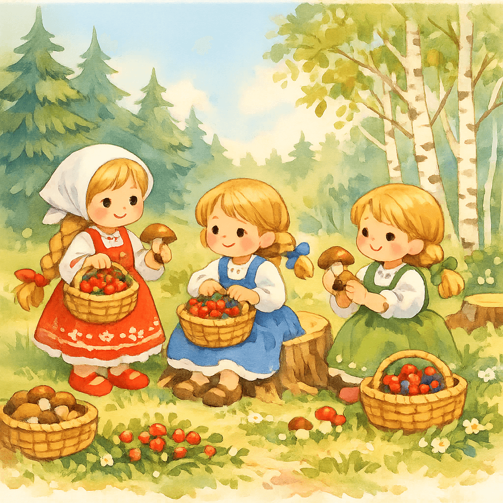 Машенька с подружками собирают в лесу ягоды и грибы