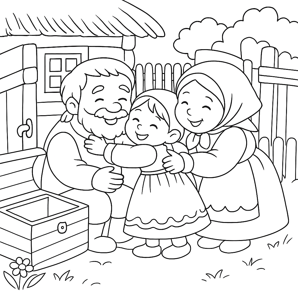 Раскраска по сказке "Маша и медведь - русская народная сказка"