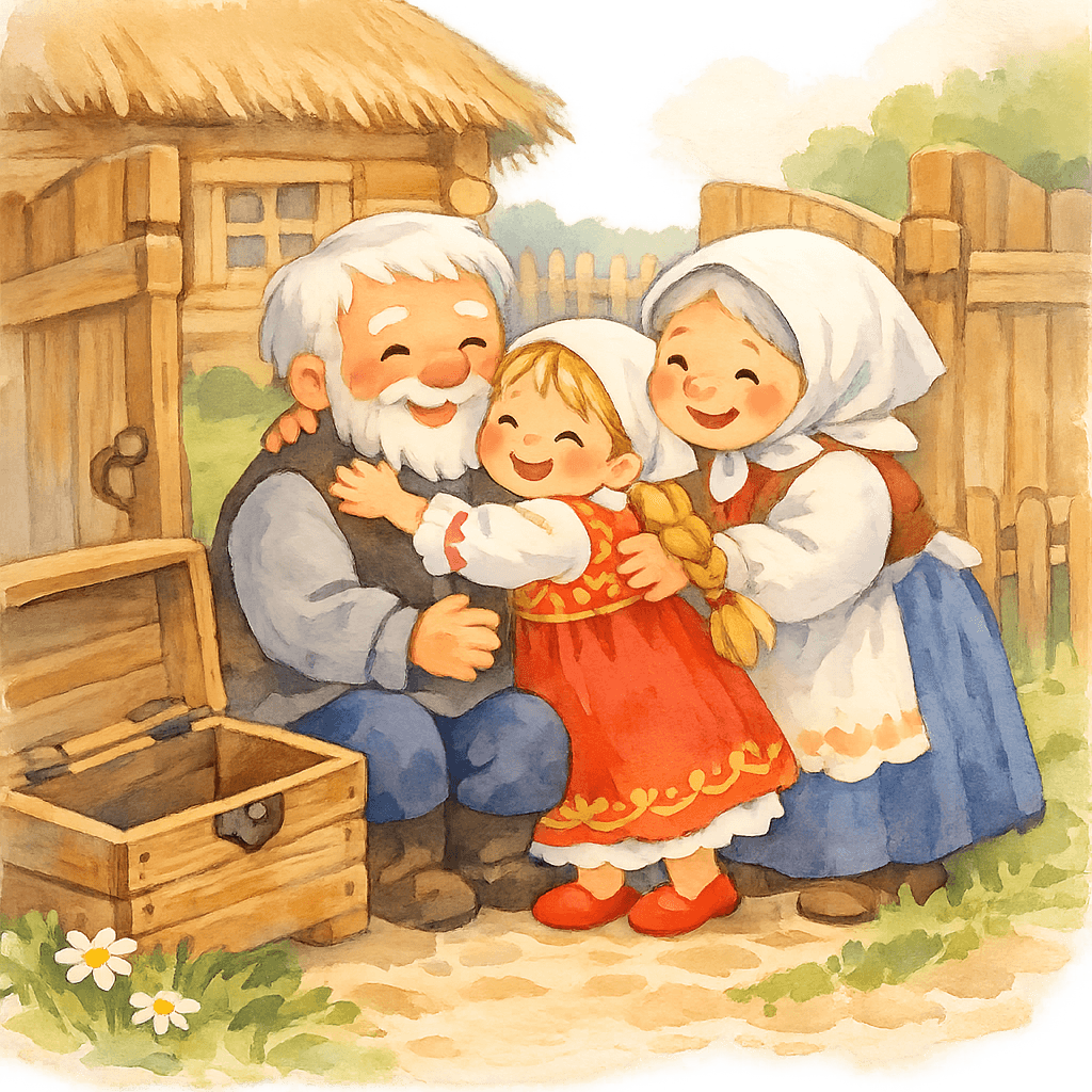 Машенька вернулась домой, ее обнимают дедушка и бабушка