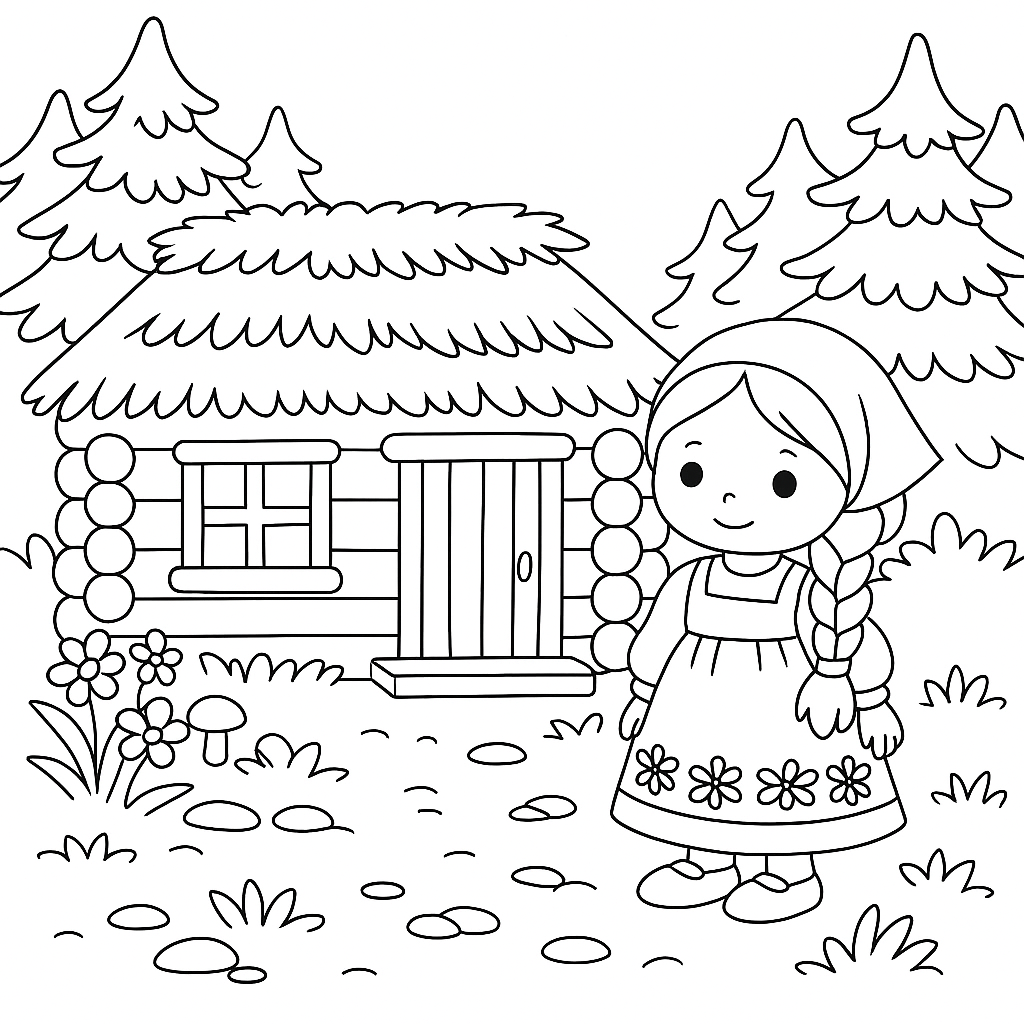 Раскраска по сказке "Маша и медведь - русская народная сказка"