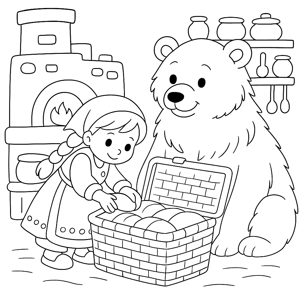 Раскраска по сказке "Маша и медведь - русская народная сказка"