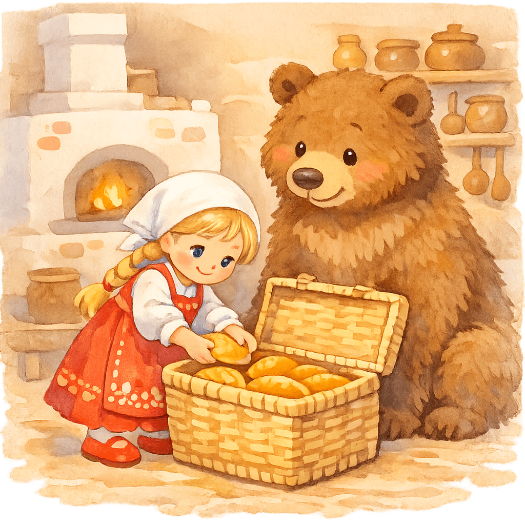 Машенька укладывает пирожки в короб, а медведь смотрит