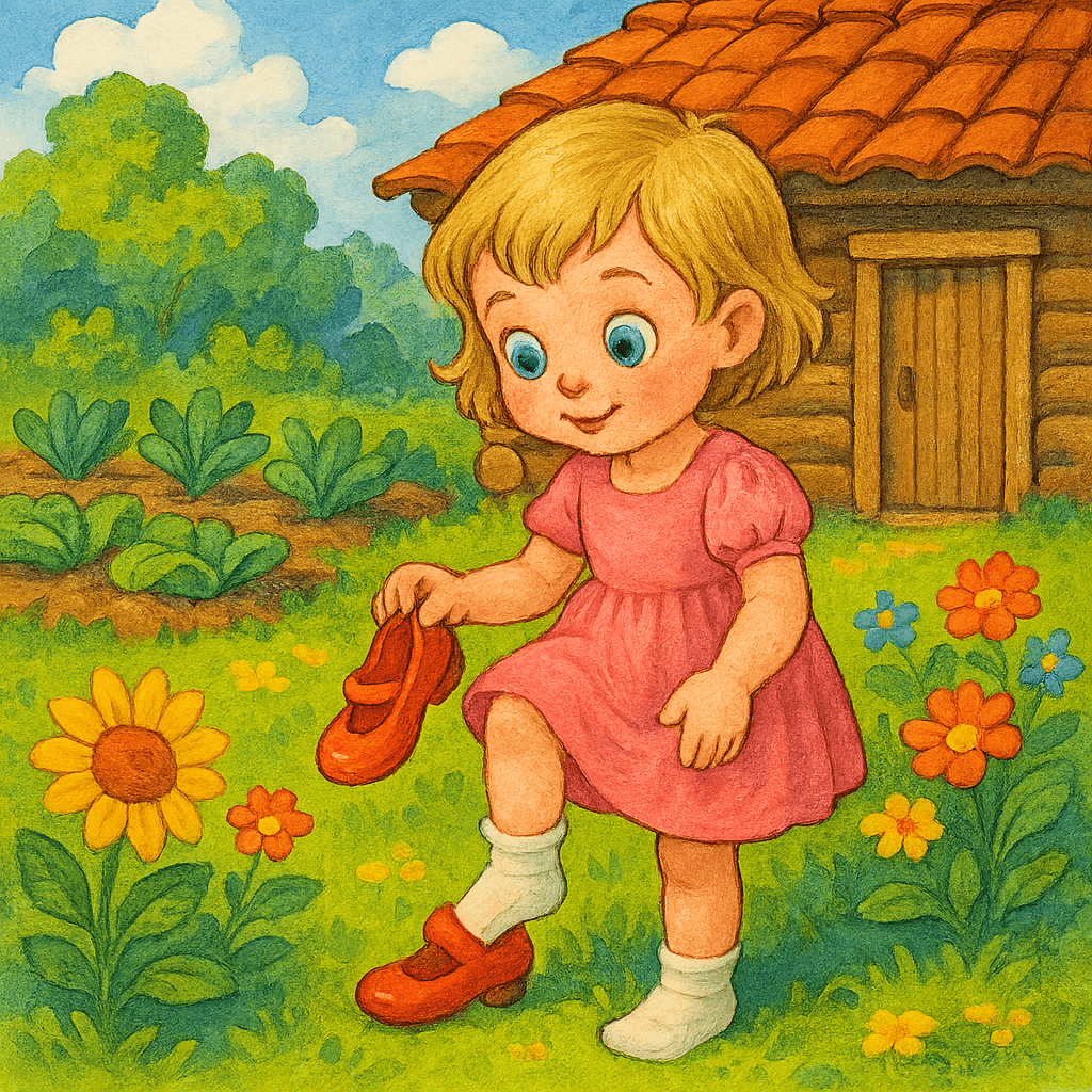 Мура снимает туфельку на грядке возле домика.