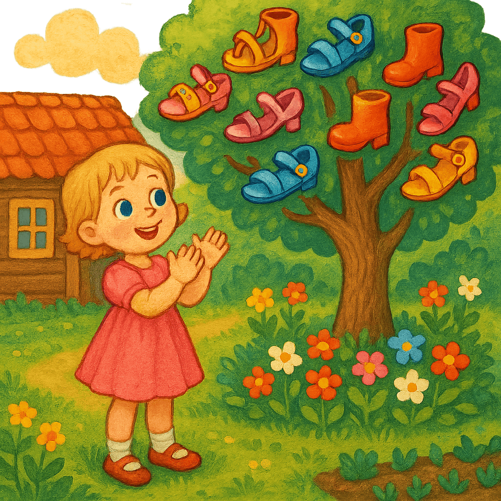 Мура радуется чудо-дереву с босоножками и сапожками возле домика.