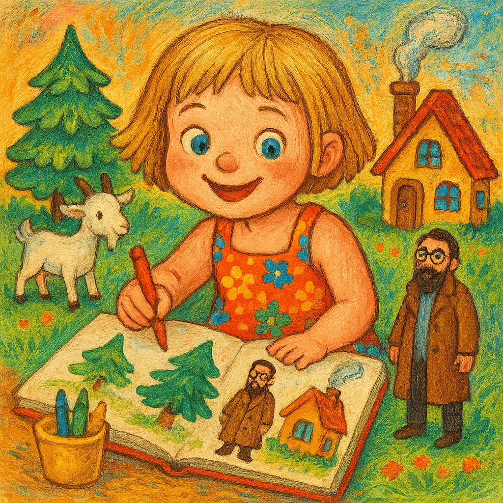 Мурочка рисует знакомые вещи: козочку, ёлочку, дядю и дом.