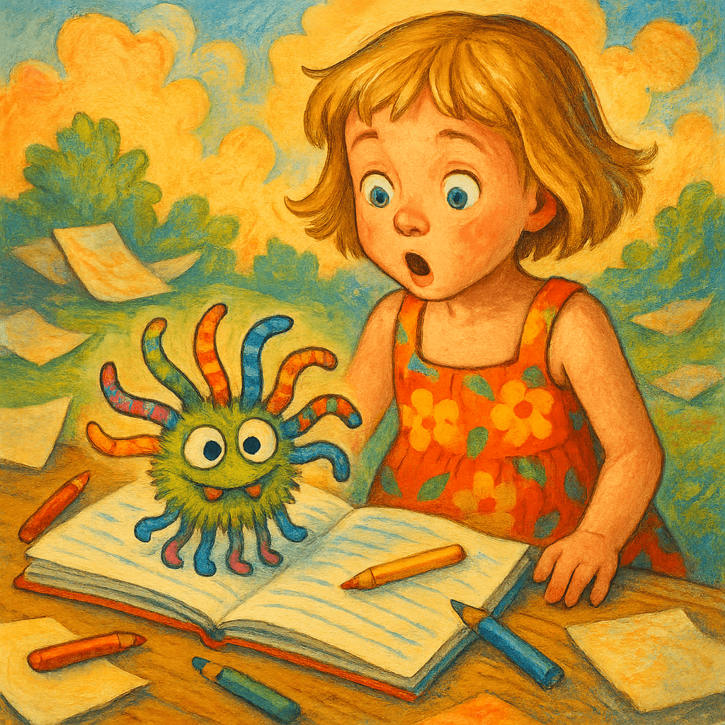 Мурочка рисует и придумывает Бяку-Закаляку — забавное чудовище с множеством рогов и ног.