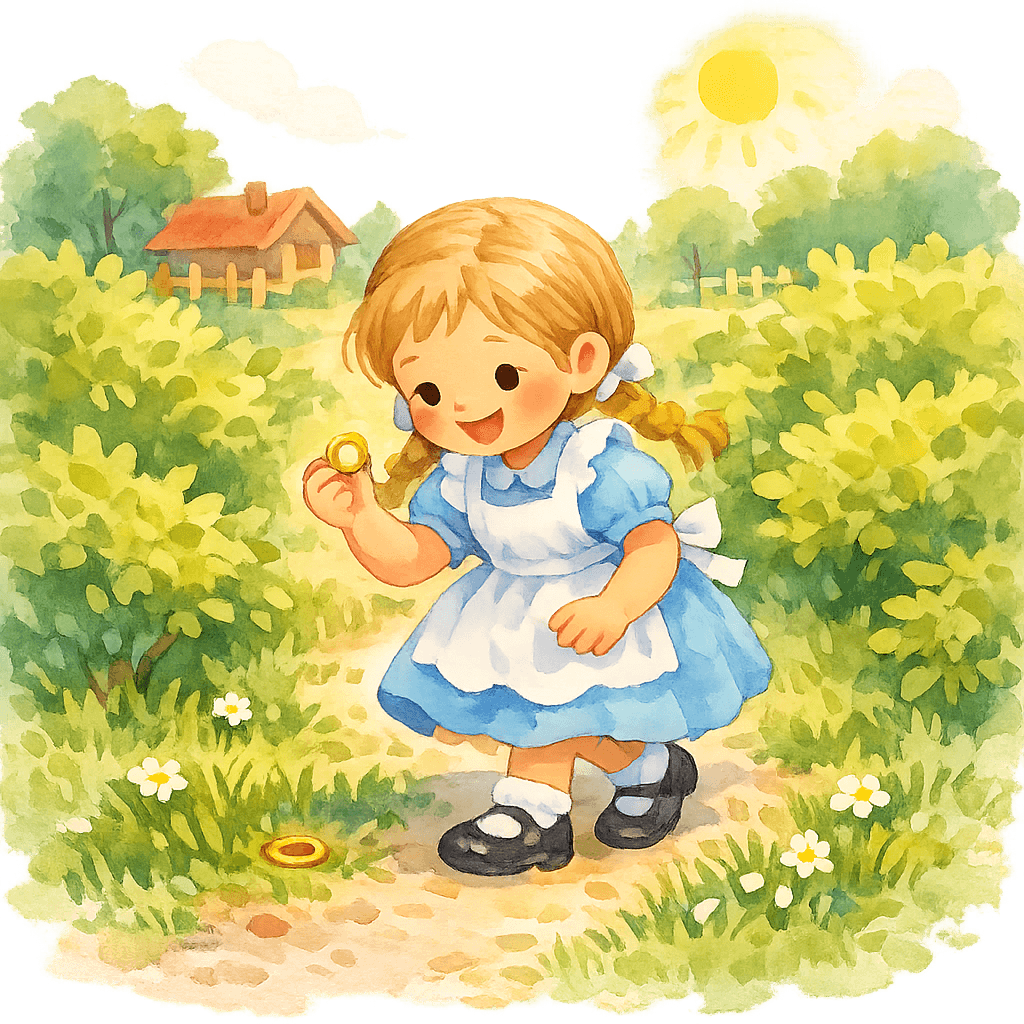 Оля находит колечко в траве на тропинке возле куста