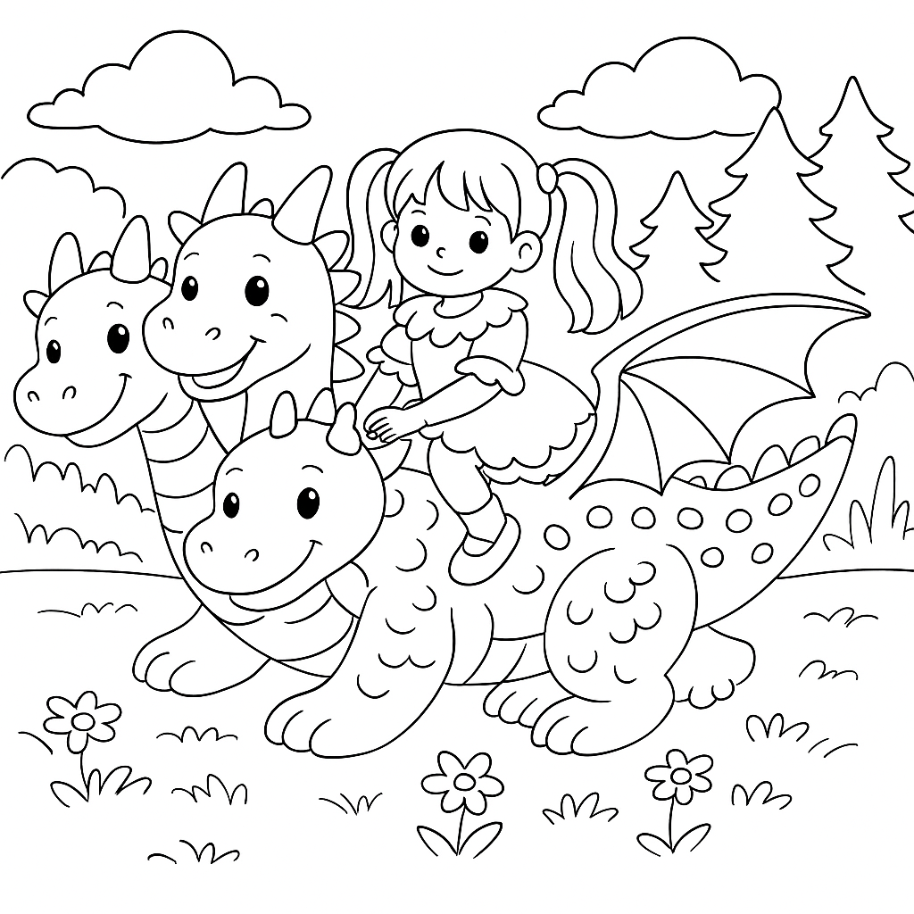 Раскраска по сказке "Храбрая девочка и дракон"