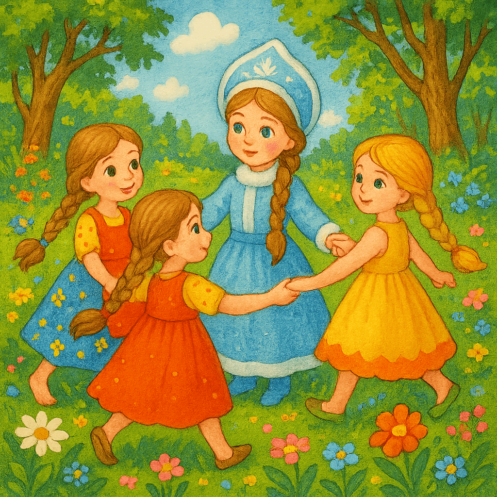 Девушки с Снегурочкой водят хоровод среди цветов в лесу