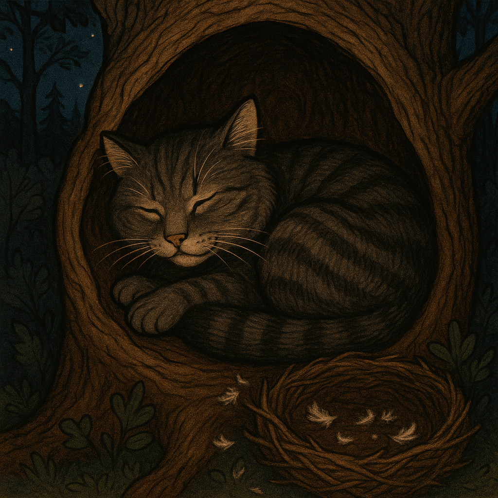 Дикий лесной кот спит в дупле после еды