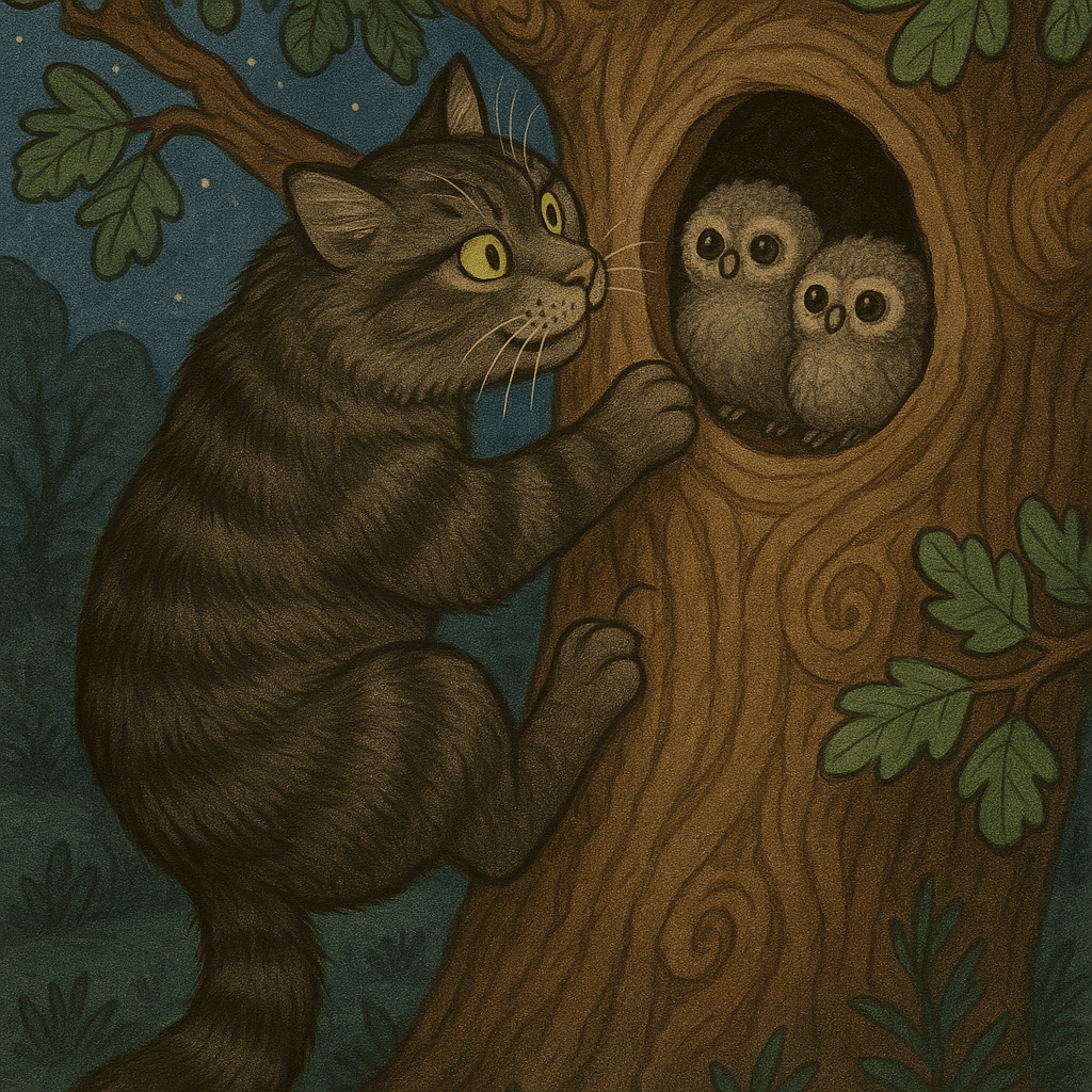 Дикий лесной кот залезает в дупло, где сидят совята