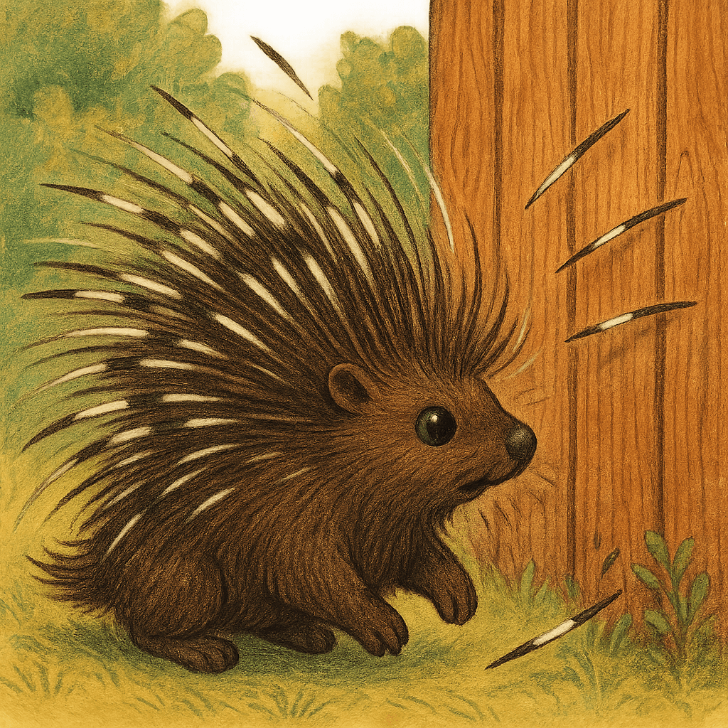 Дикобраз встряхивает иглы, и они летят в забор