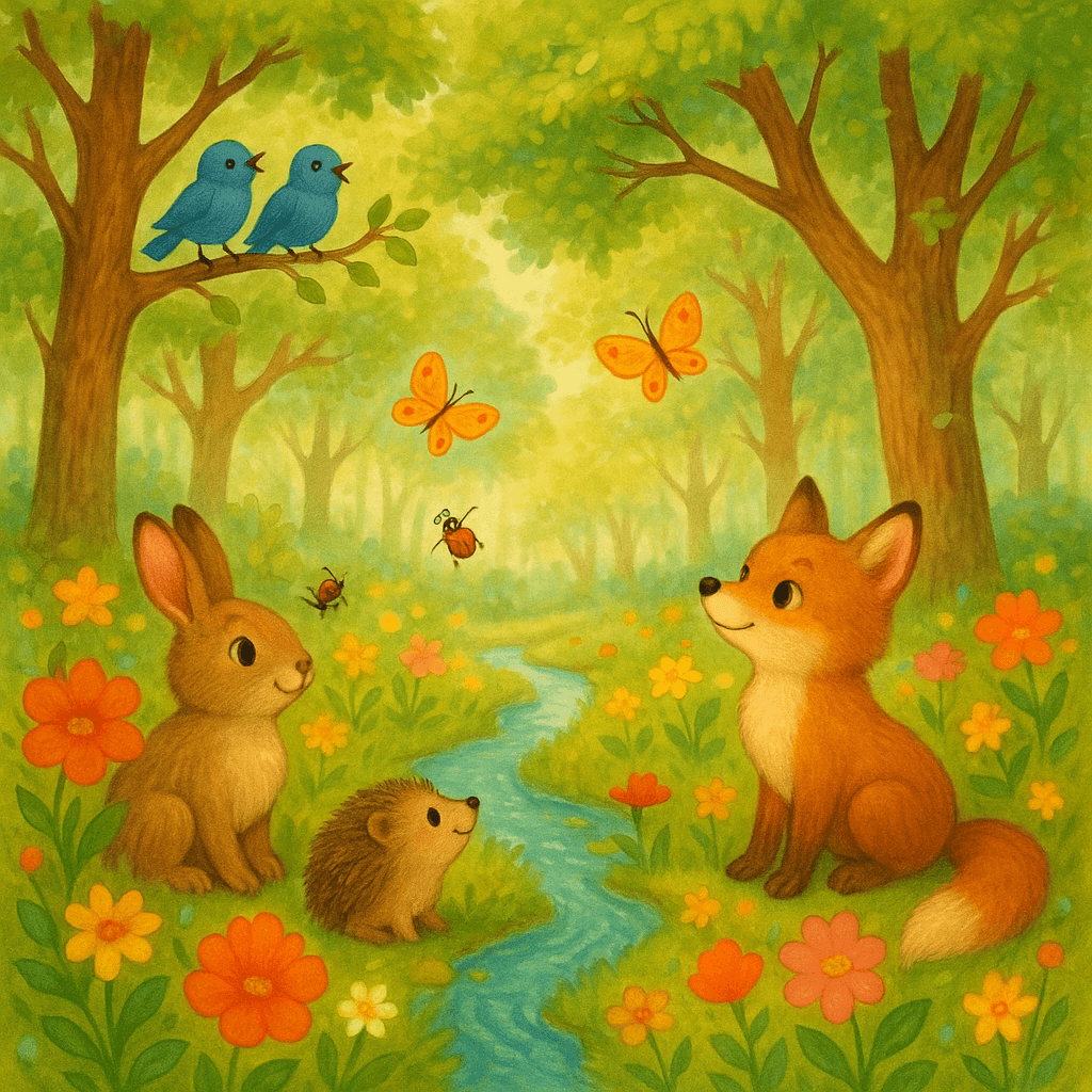 Весенний лес, зверята и птицы среди цветов и ручейка, атмосфера дружбы с природой, сказочный стиль.