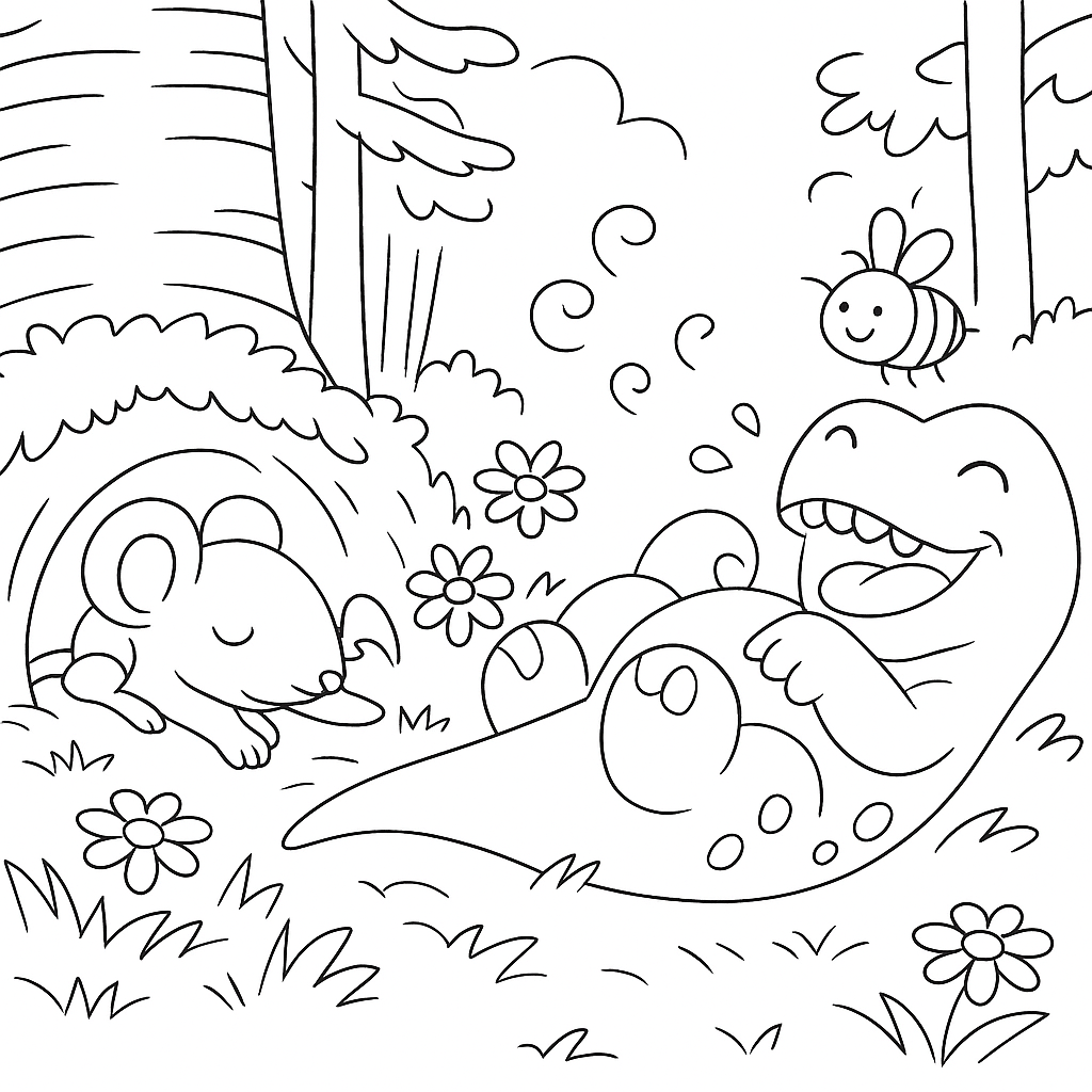 Раскраска по сказке "Про динозавра и мышку"