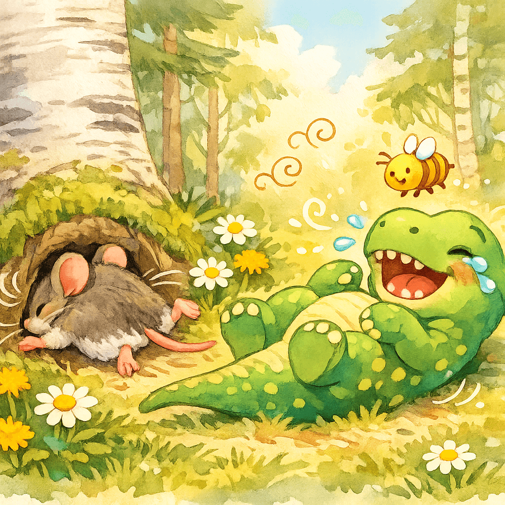 Мышка щекочет бок Динозавра, он смеётся и просыпается