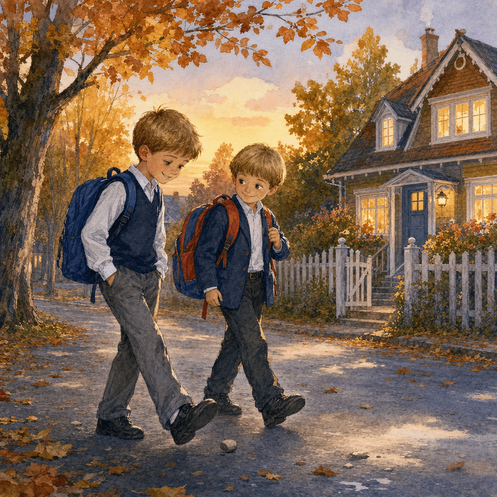 Братья возвращаются домой после первого школьного дня