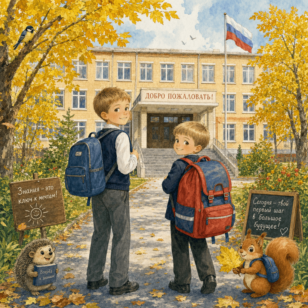 Дима ведёт младшего брата Пашу в школу в его первый класс