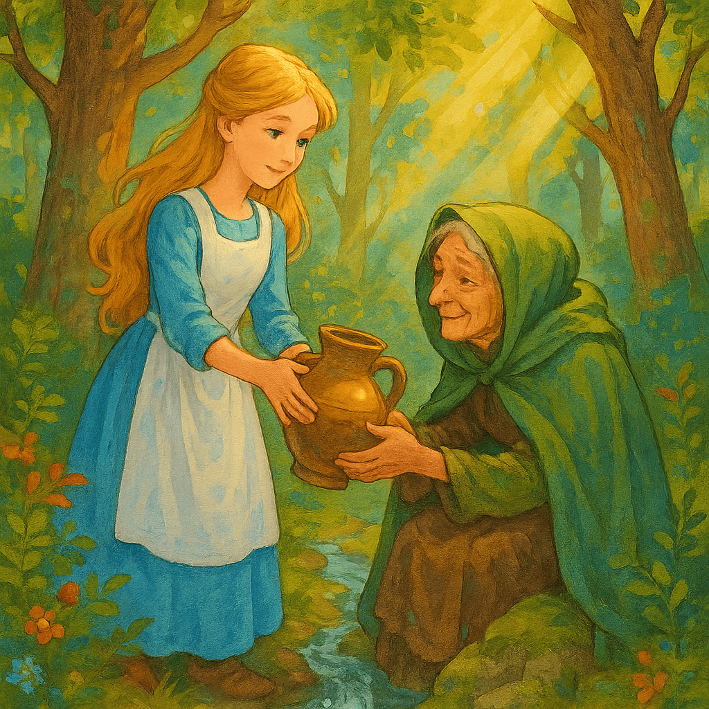 Девушка с улыбкой даёт напиться воды волшебнице у родника.