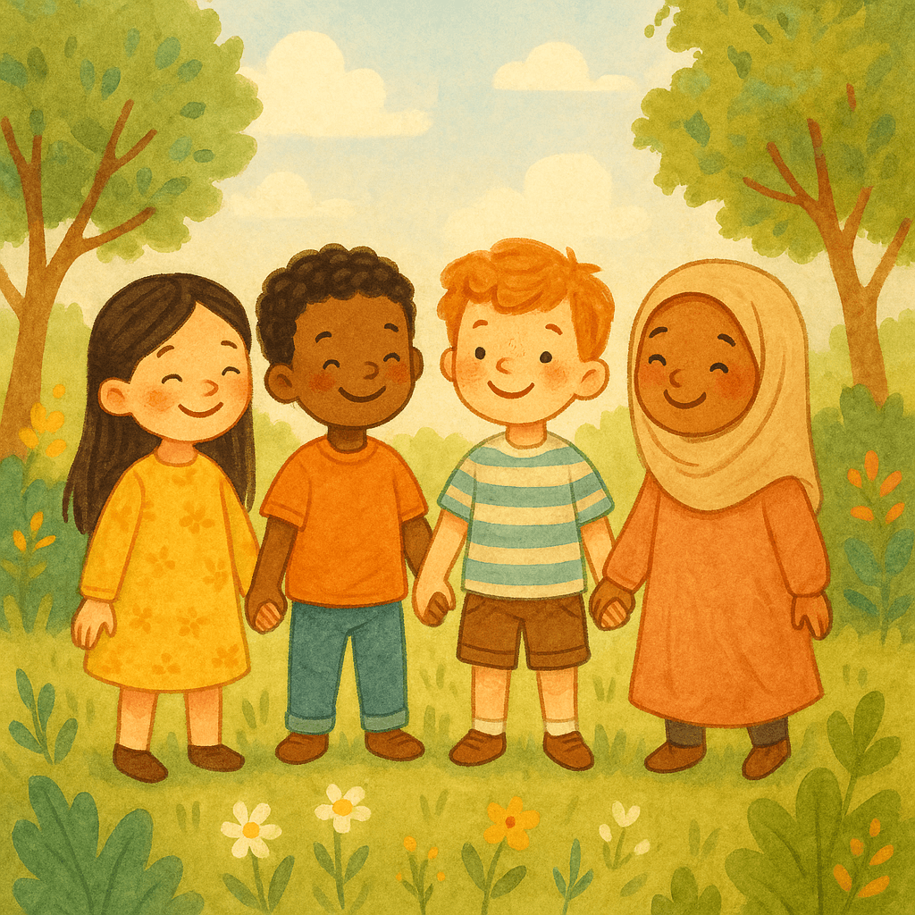 Дети разных национальностей держатся за руки на фоне природы. Иллюстрация к подборке сказок о доброте и дружбе.