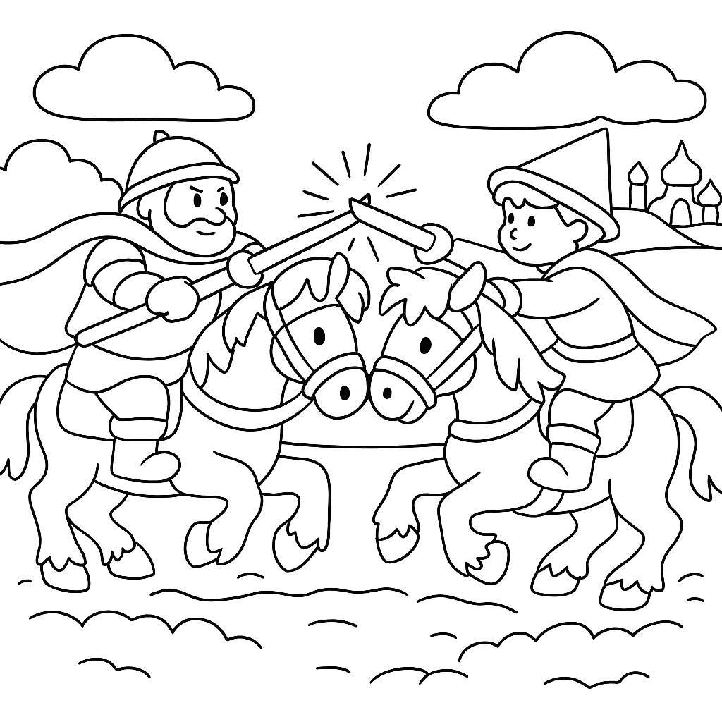 Раскраска по сказке "Бой добрыни с дунаем"