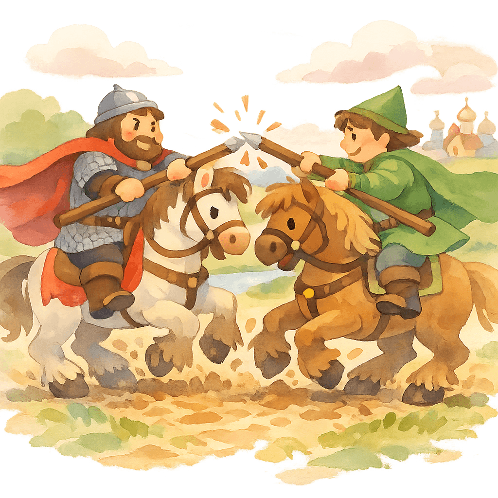 Добрыня и Дунай на конях сражаются копьями