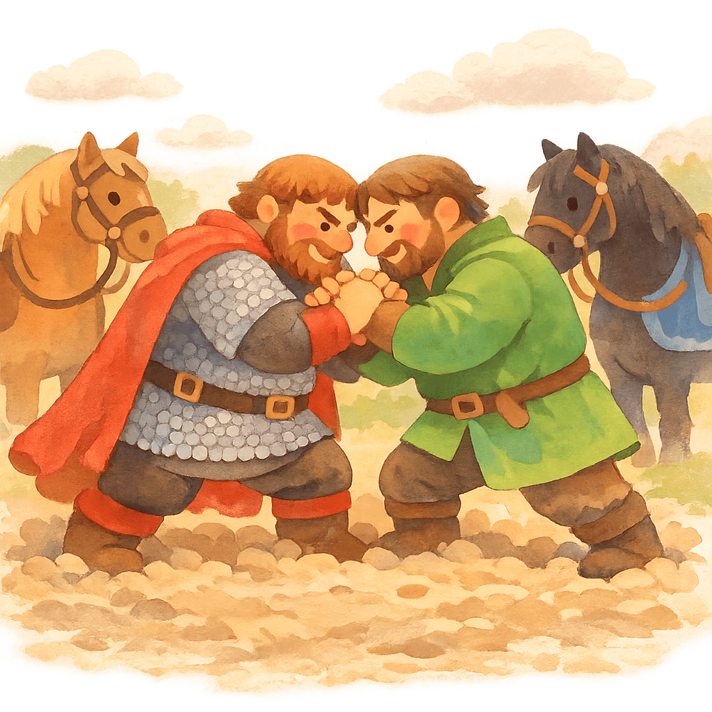 Добрыня и Дунай борются рукопашно на пыльной земле