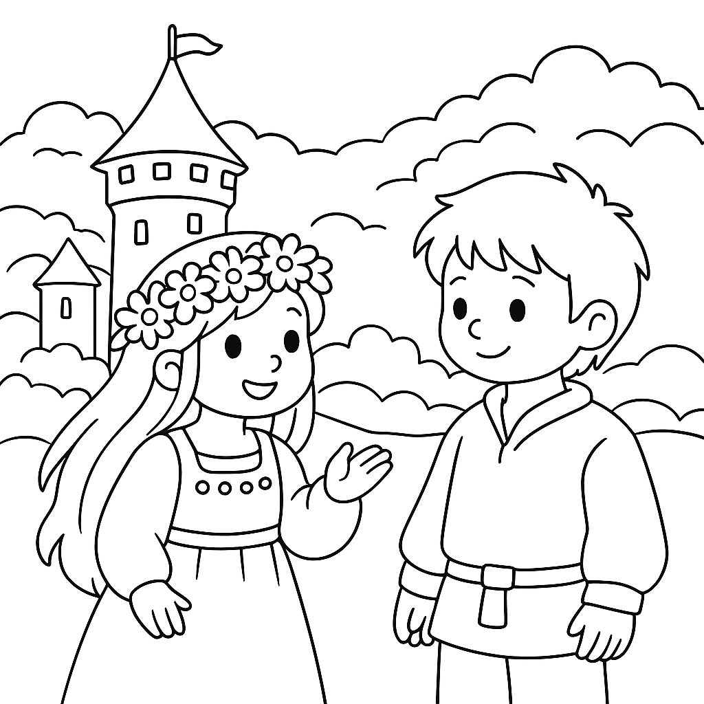 Раскраска по сказке "Сказка о строителях башни и умной жене"
