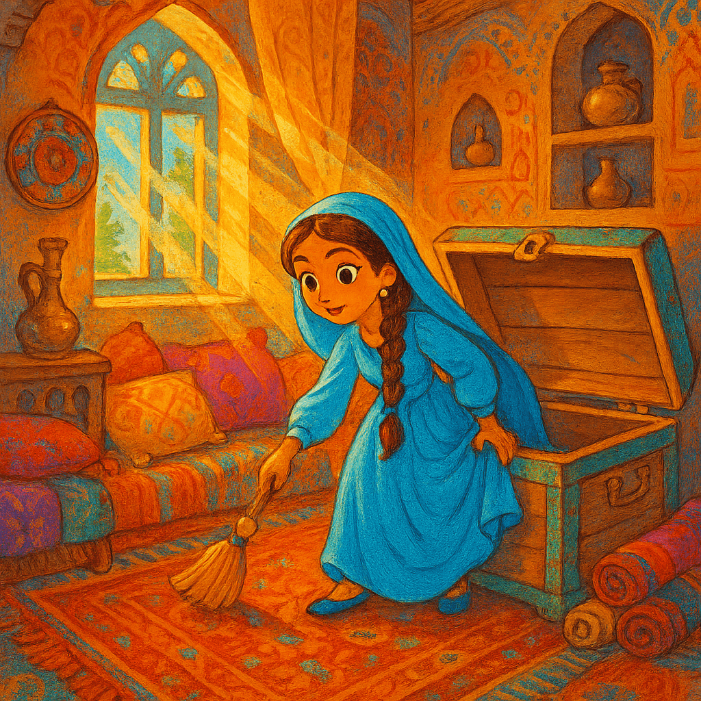 Дочь визиря тайно выходит из сундука и убирается в доме водоноса.