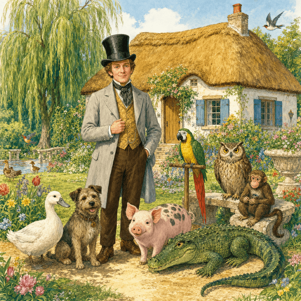 Доктор Дулитл со своими животными друзьями у дома в саду