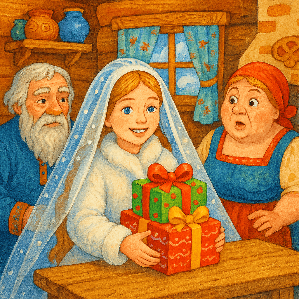 Машенька возвращается домой с подарками, старуха удивлена.