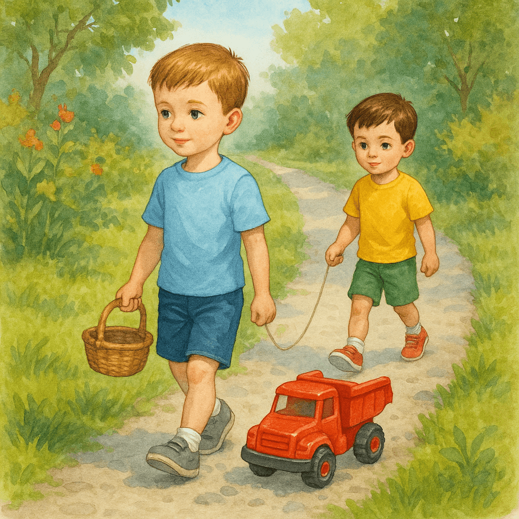 Мальчики идут по дорожке, Саша тянет красный грузовик на верёвочке
