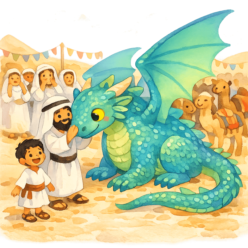 Дракона встречают люди из каравана, праздник