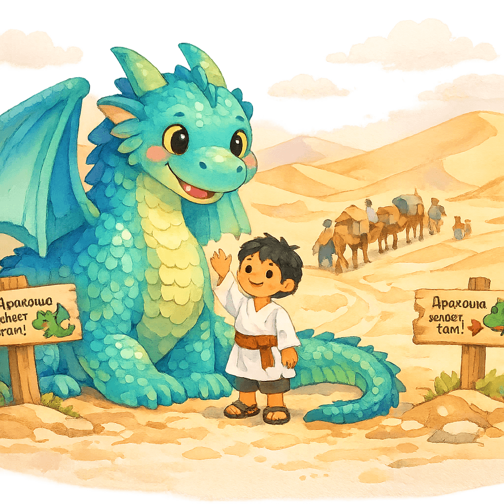 Дракон и мальчик с караваном в пустыне, указатели