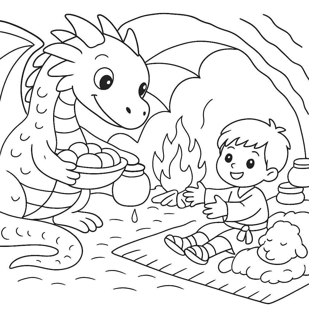 Раскраска по сказке "Сказка про доброго дракона"