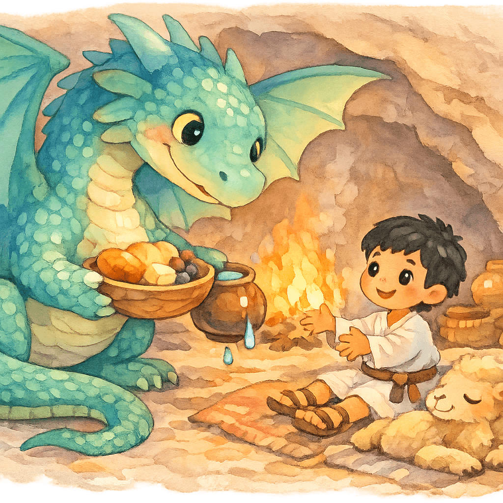 Дракон угощает мальчика в пещере