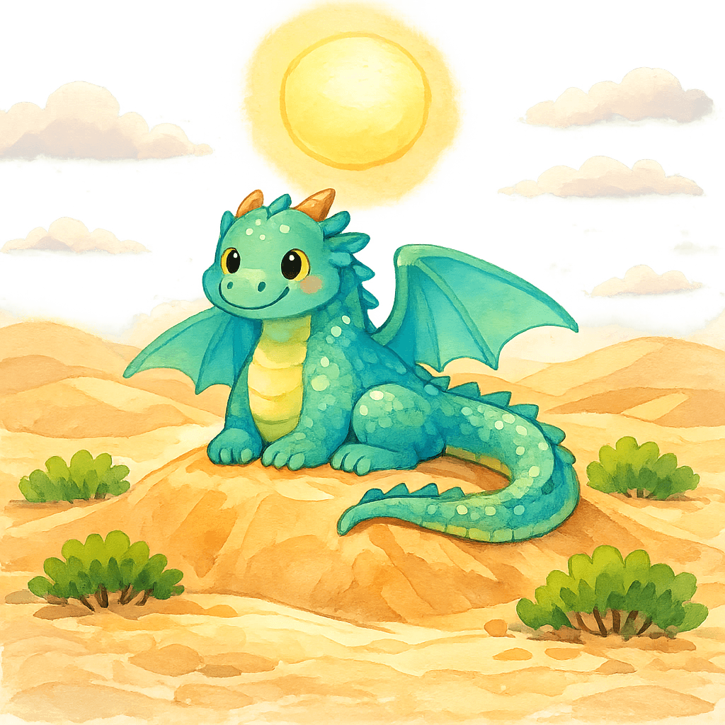 Дракон одиноко сидит в пустыне на бархане