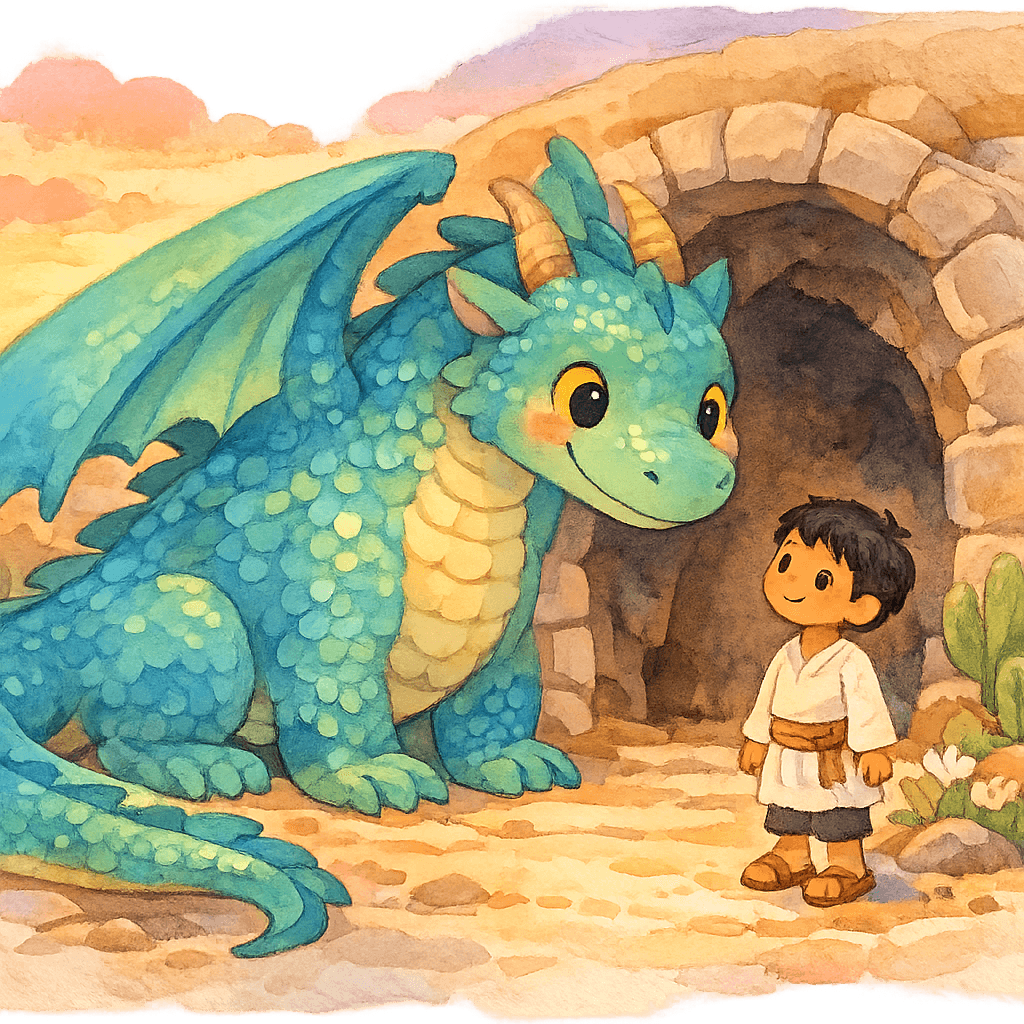 Дракон встречает мальчика у своей пещеры