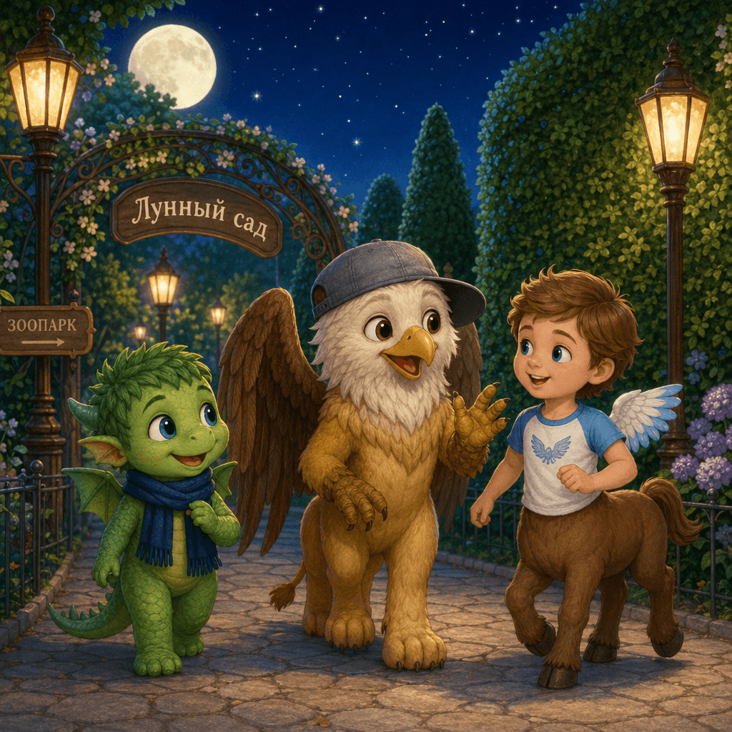 Дракончик Даня, грифон Гарик и кентаврик ночью в зоопарке возле Лунного сада