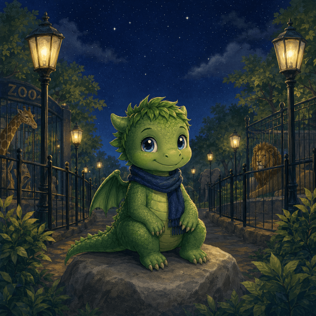 Дракончик Даня сидит на камне в ночном зоопарке